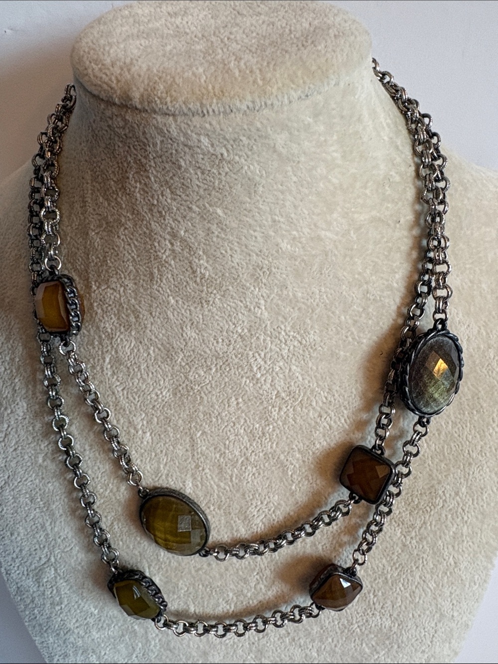 LOFT Olive Green Layered Necklace Silver Tone Stone Chain Statement 34”